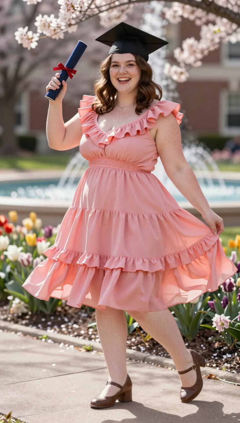 Pink Ruffle Chiffon Tiered Dress + Brown Mary Jane Heels