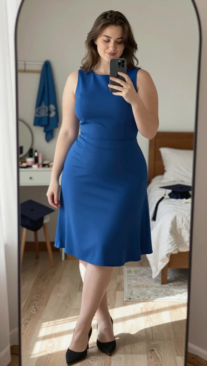 Royal Blue Ponte Knit A-Line Dress + Black Suede Pointed Toe Heels