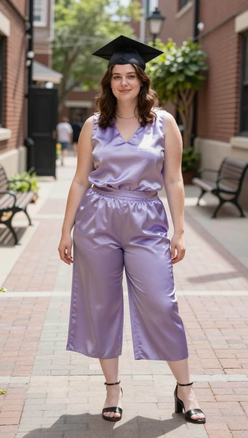 Lavender Satin Sleeveless Jumpsuit + Black Block Heels