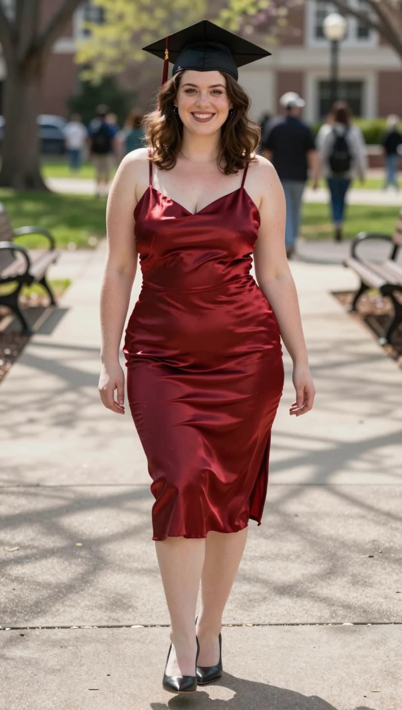 Crimson Satin Slip Dress + Black Pointed-Toe Heels