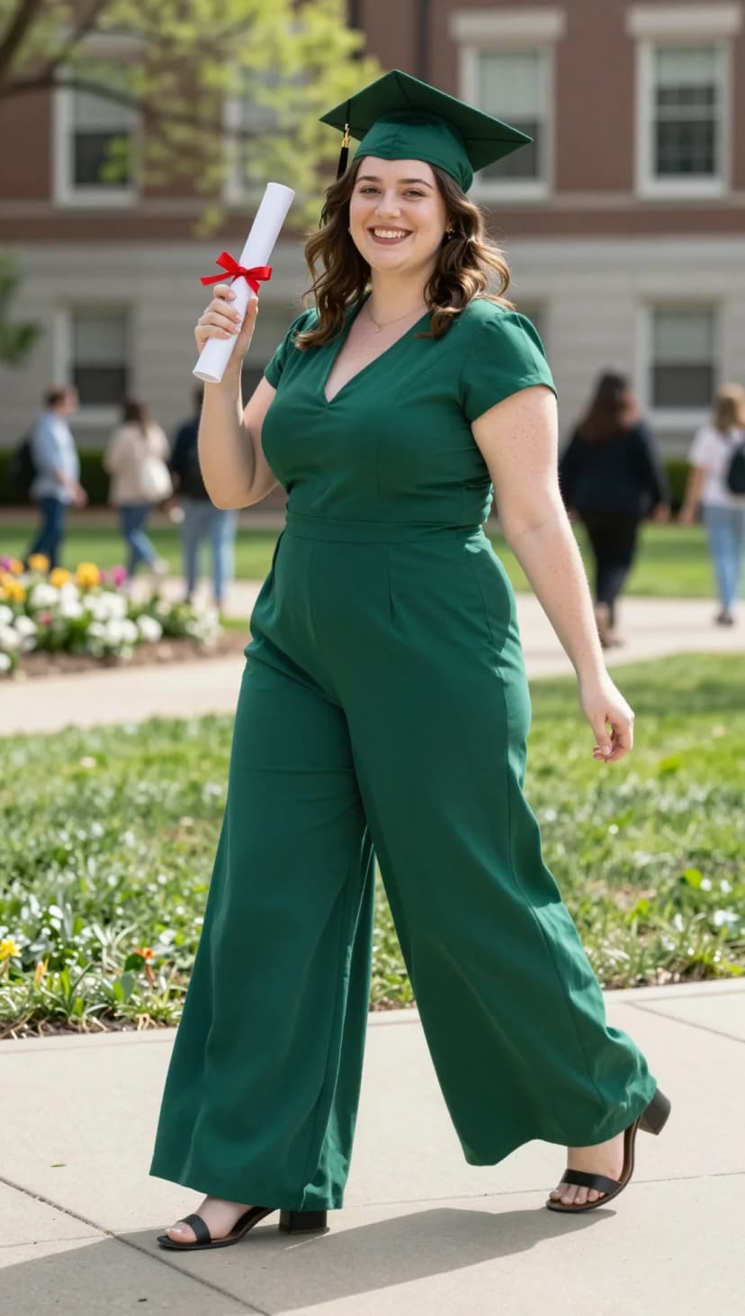 Emerald Green Crepe Jumpsuit + Black Block Heel Sandals + Green Graduation Cap
