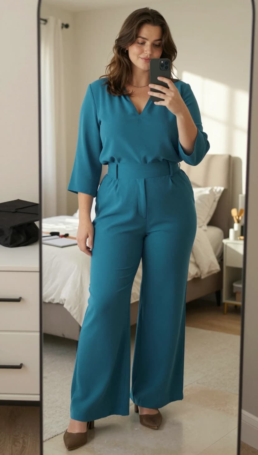 Teal Crepe V-Neck Top + Teal Crepe Wide-Leg Trousers + Brown Suede Pointed-Toe Heels