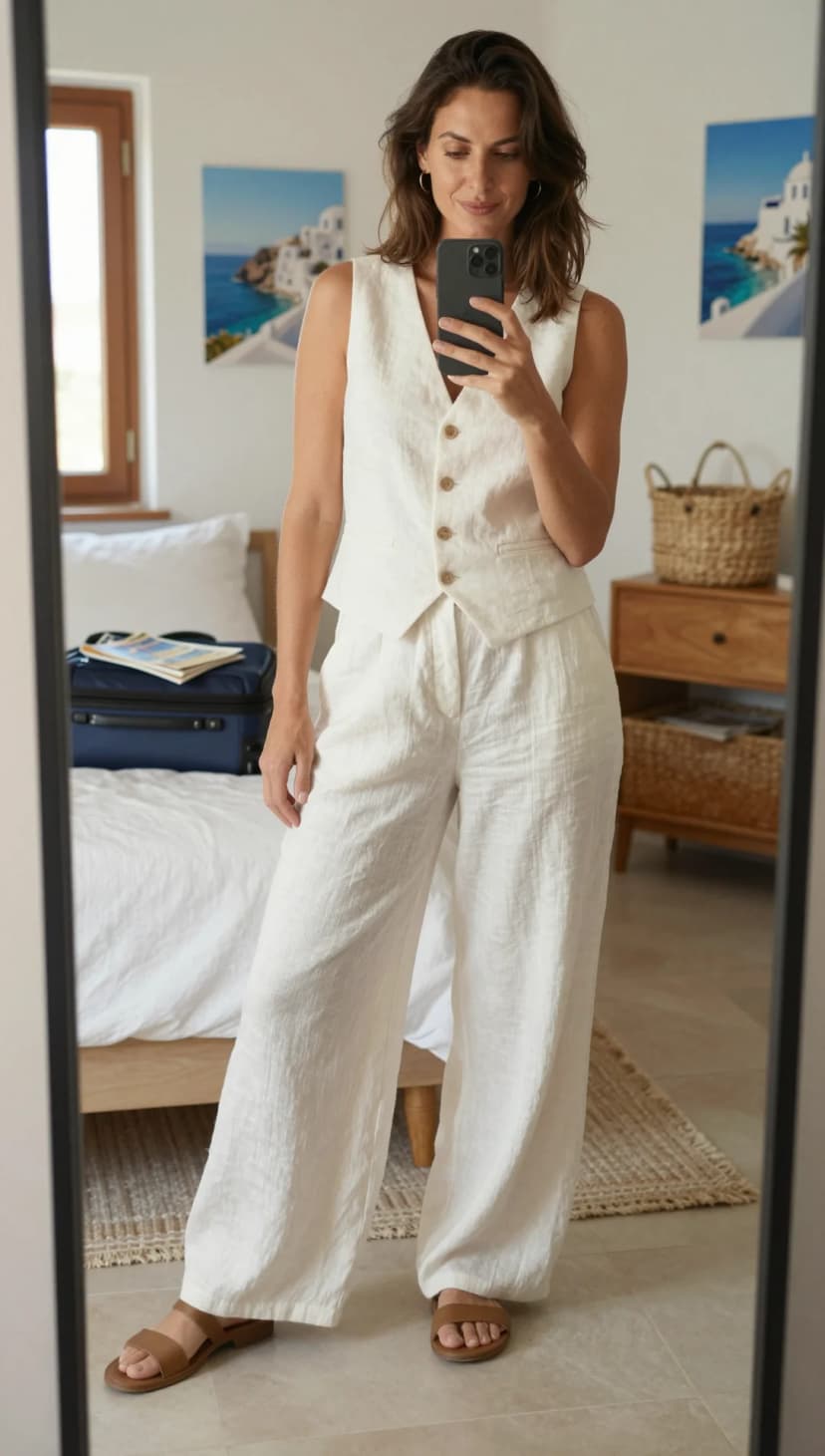Cream Linen Vest + Cream Linen Wide-Leg Trousers + Brown Leather Flat Sandals