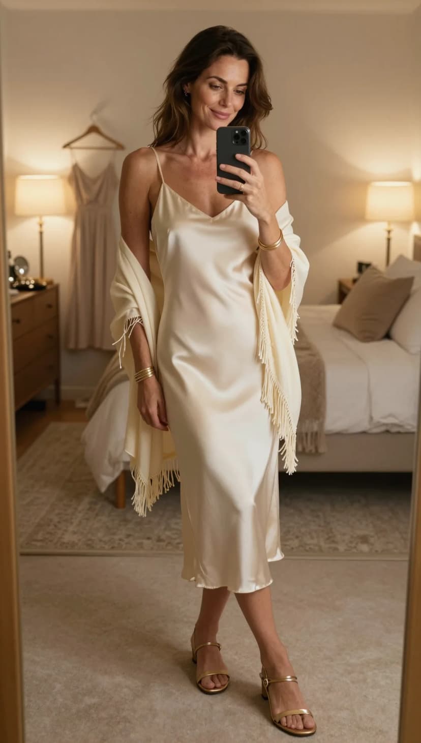 Cream Satin Slip Dress + Cream Fringed Shawl + Gold Strappy Sandals