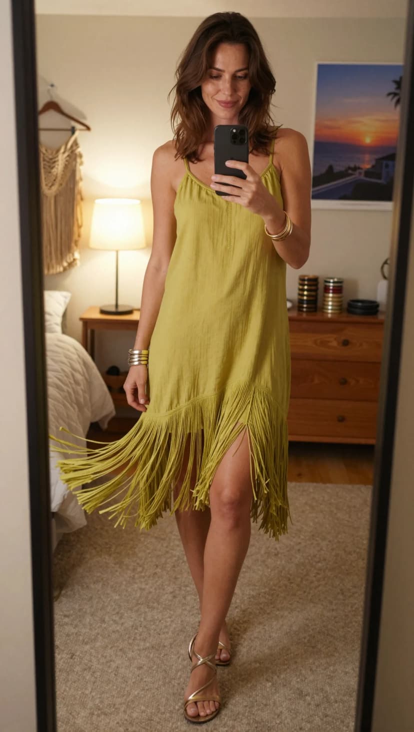 Olive Green Gauze Fringe Dress + Gold Strappy Heeled Sandals
