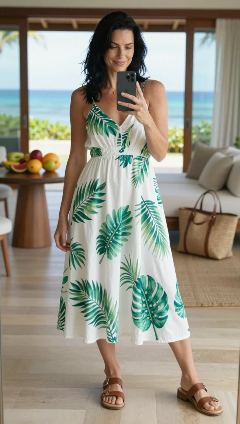 White Leaf Print Cotton Midi Dress + Brown Leather Sandals