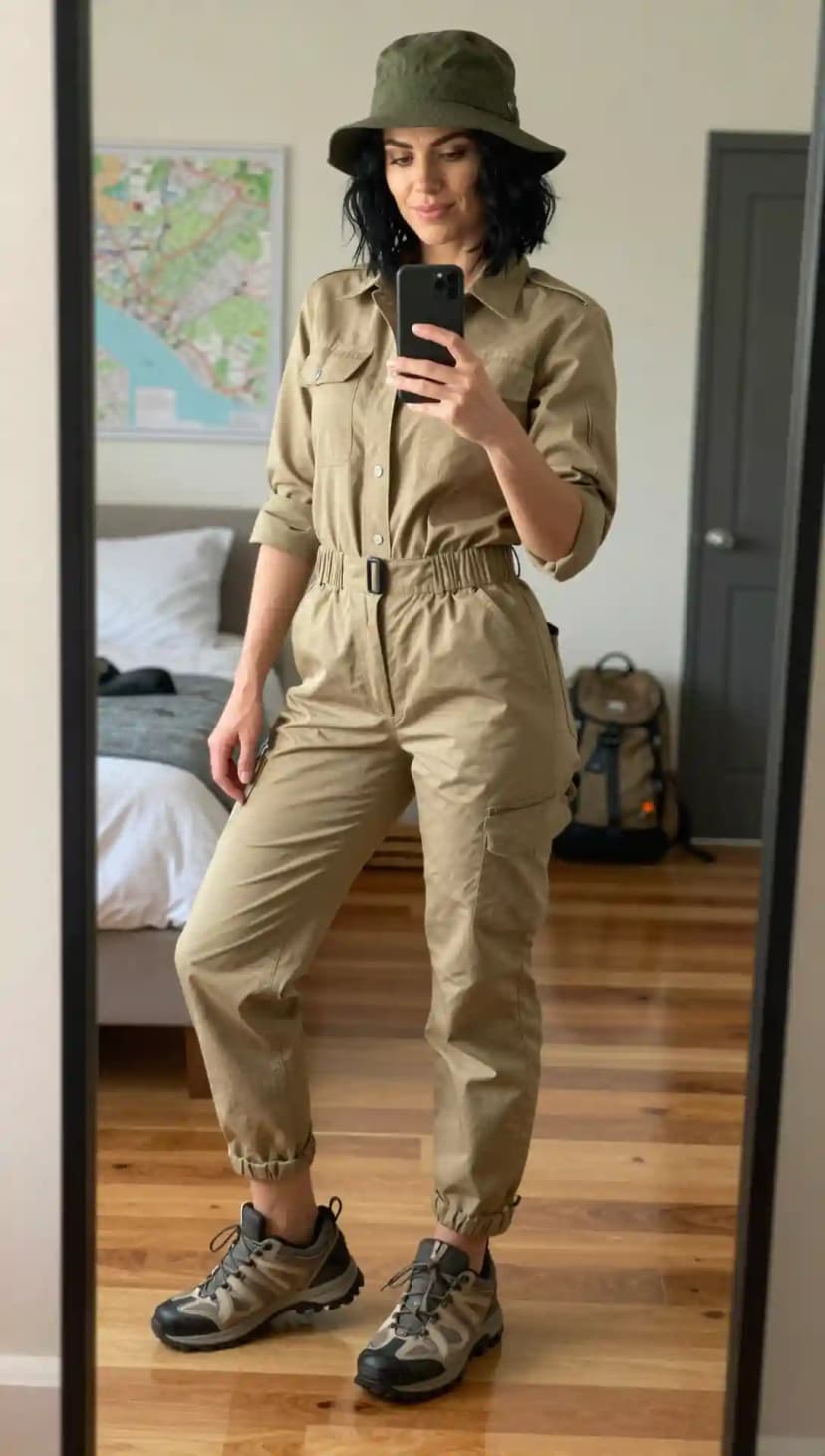 Khaki Cotton Jumpsuit + Green Cotton Bucket Hat + Grey Hiking Boots