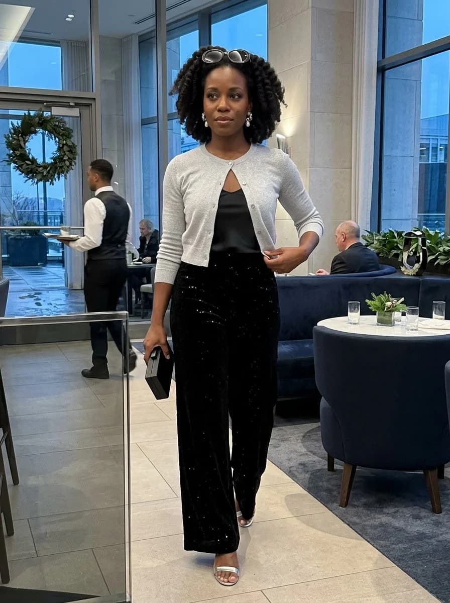 Silver cardigan with black sequin wide-leg trousers and silver sandals