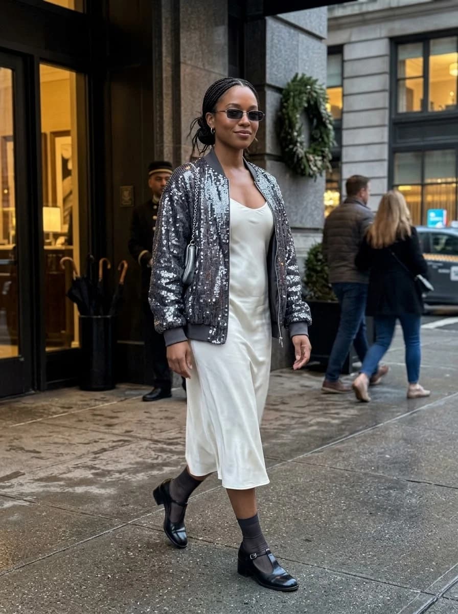 Ivory slip dress with silver sequin bomber jacket and Mary Jane shoes