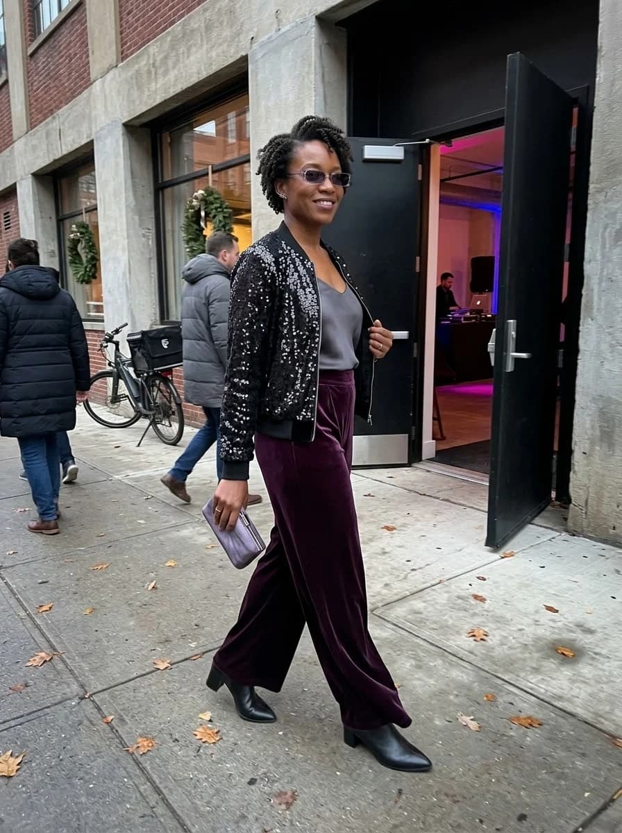 Black sequin jacket with plum velvet trousers and black ankle boots