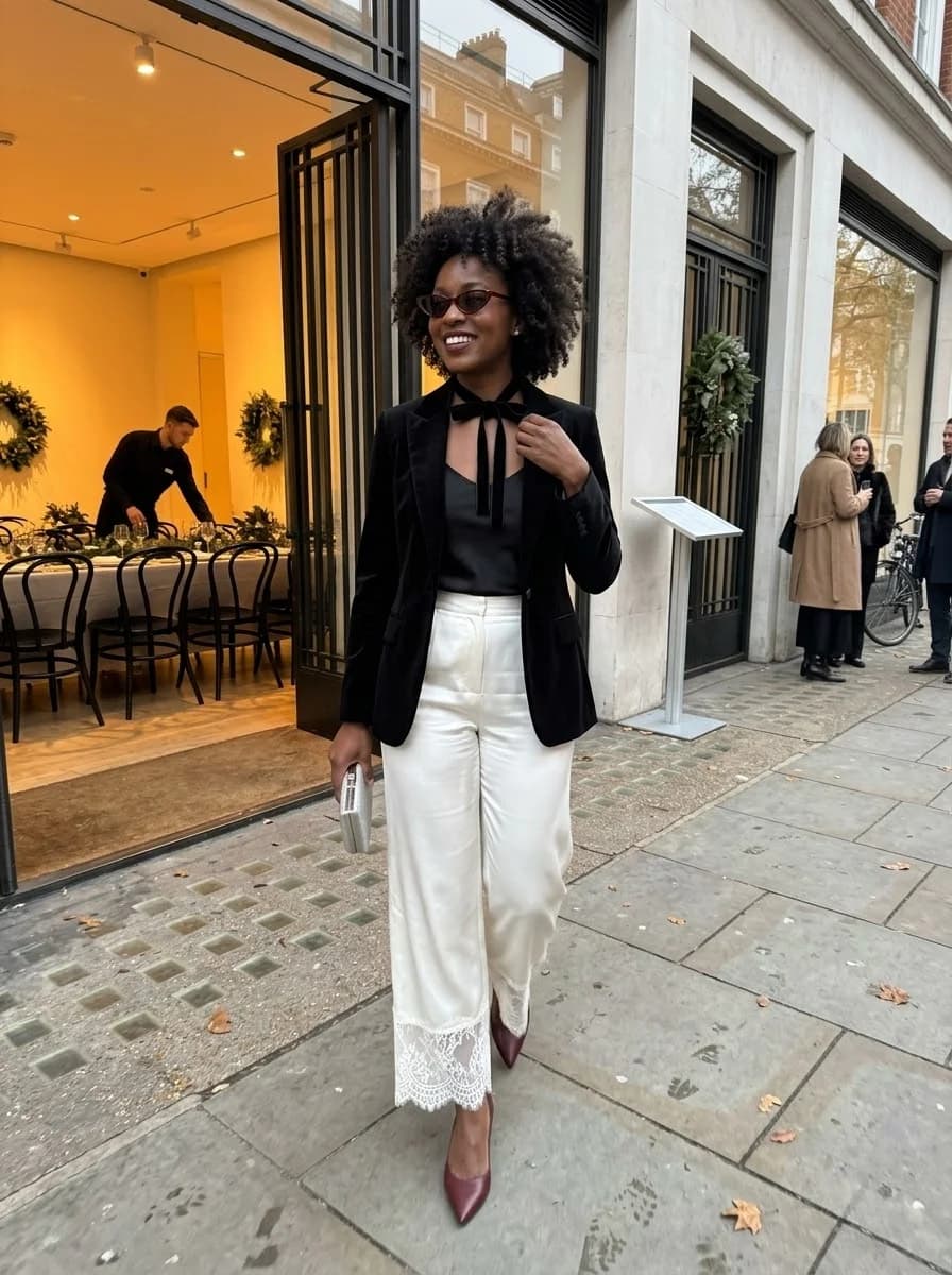 Black blazer over black top with ivory lace-hem trousers and burgundy heels