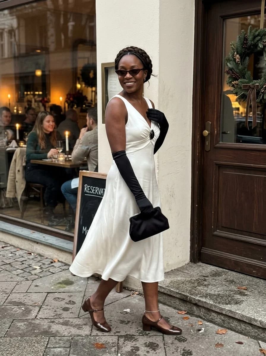 White sleeveless midi dress with black opera gloves and brown Mary Jane heels