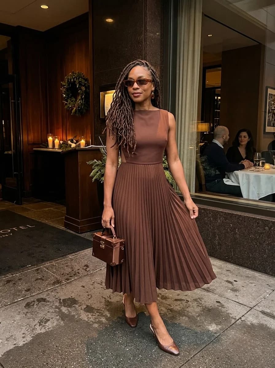 Chocolate brown sleeveless pleated midi dress with brown pumps