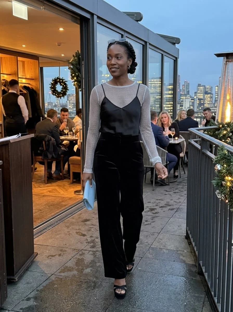 Sheer mesh long-sleeve top over black camisole with black velvet wide-leg trousers