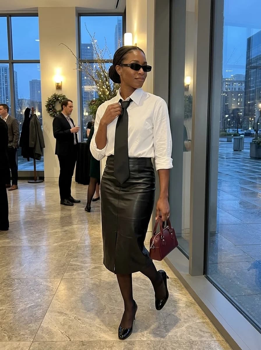 White button-down shirt with black tie, black leather midi skirt, and burgundy bag