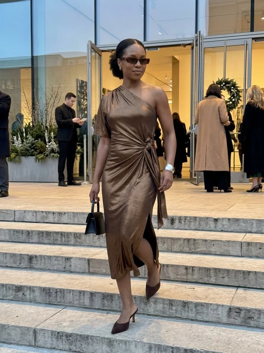 Bronze one-shoulder draped midi dress with deep brown heels
