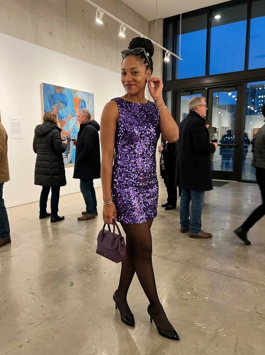 Purple sequin sleeveless mini dress with sheer black tights and heels