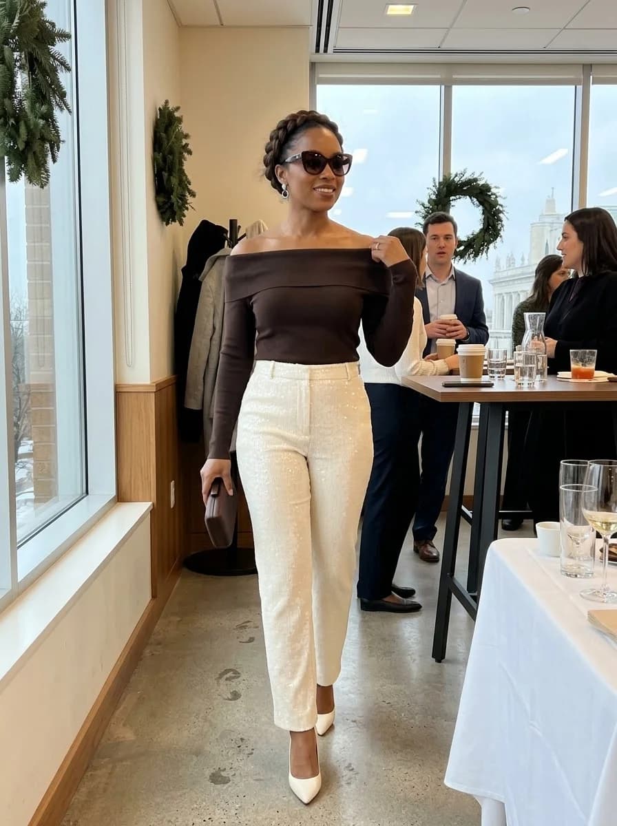 Chocolate brown off-shoulder top with high-waisted ivory sequin trousers