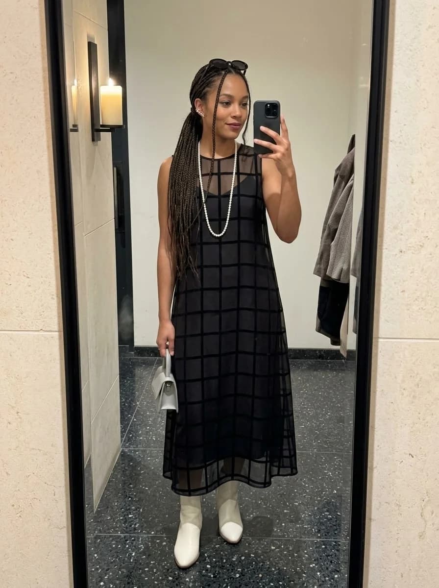 Black mesh-overlay midi dress with white ankle boots and pearl necklace