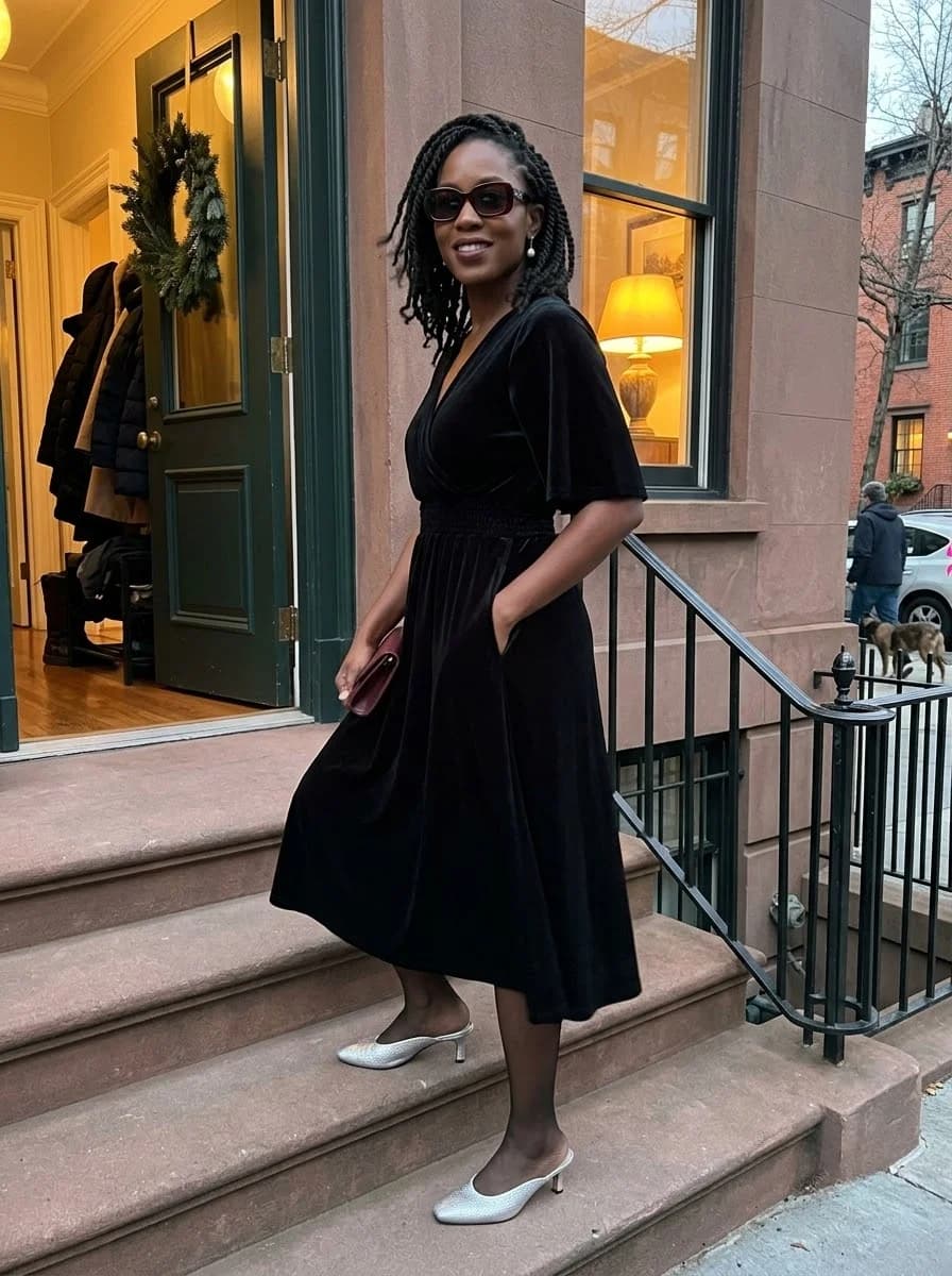 Black velvet midi dress with flutter sleeves and silver heels