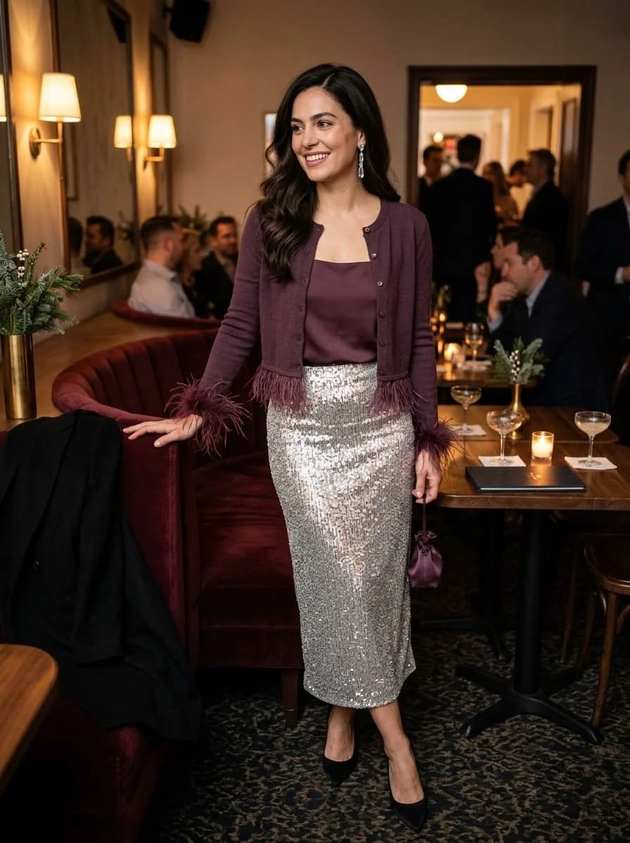 Plum feather-trim cardigan over camisole with silver sequin midi skirt and black pumps