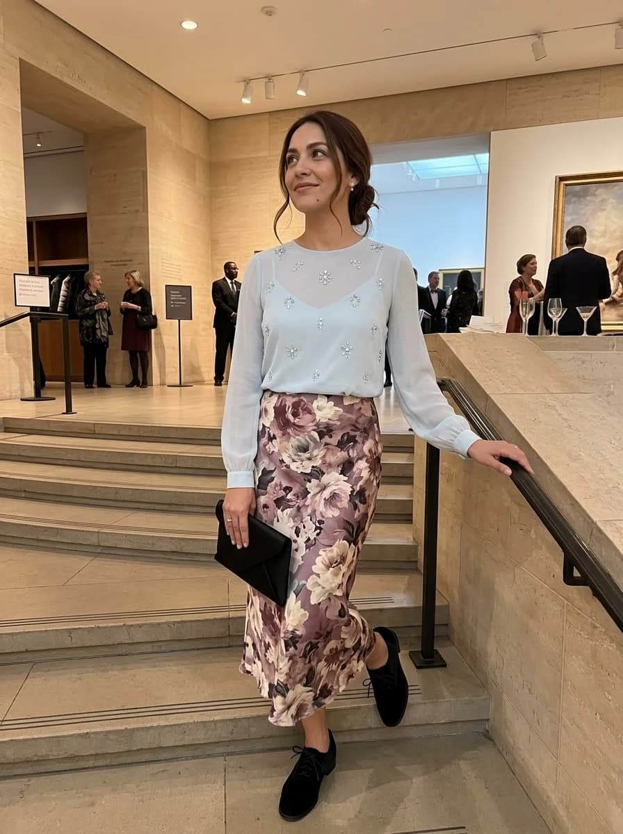 Powder blue embellished blouse with floral satin midi skirt and black lace-up flats
