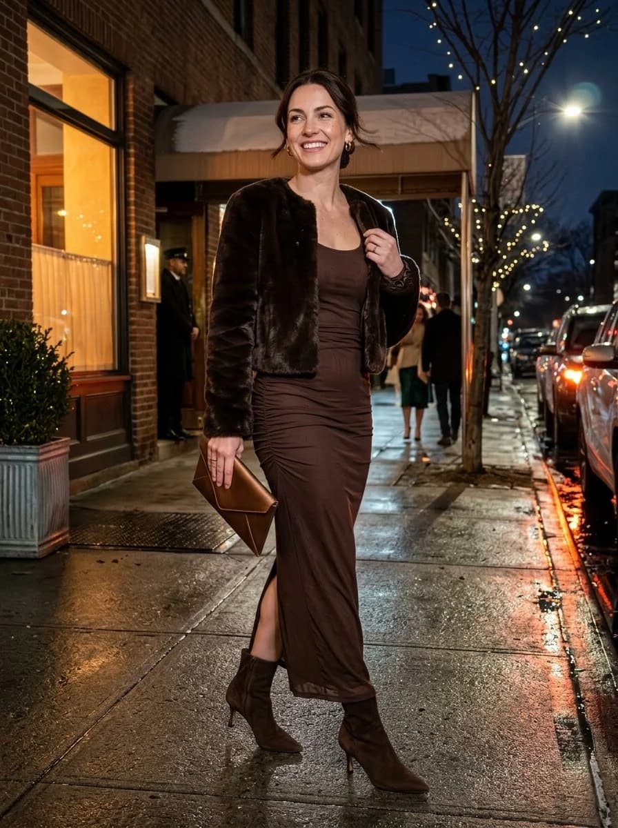 Chocolate brown ruched maxi dress with matching brown faux-fur jacket and ankle boots
