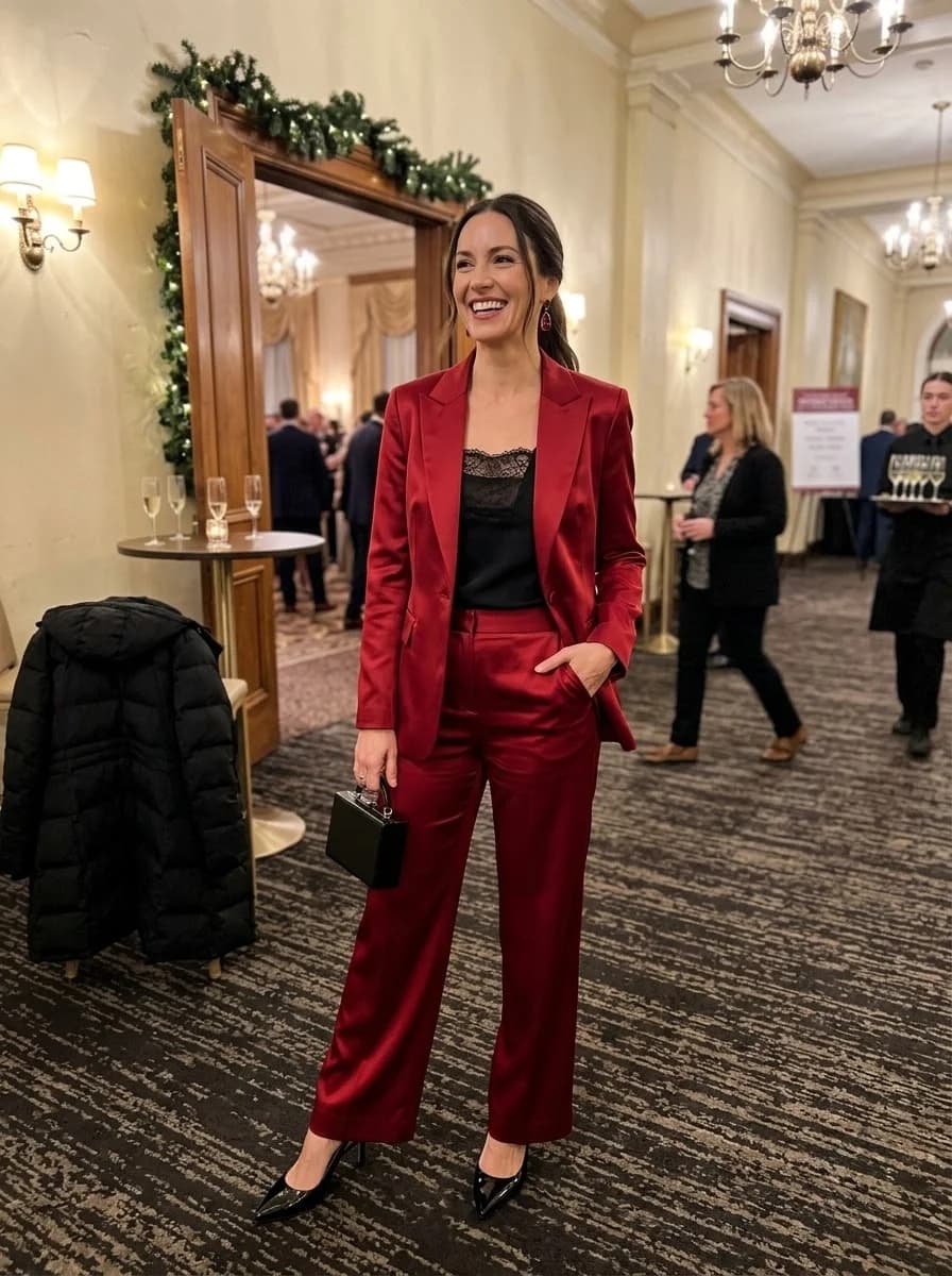 Red satin blazer with matching cropped trousers and black lace camisole