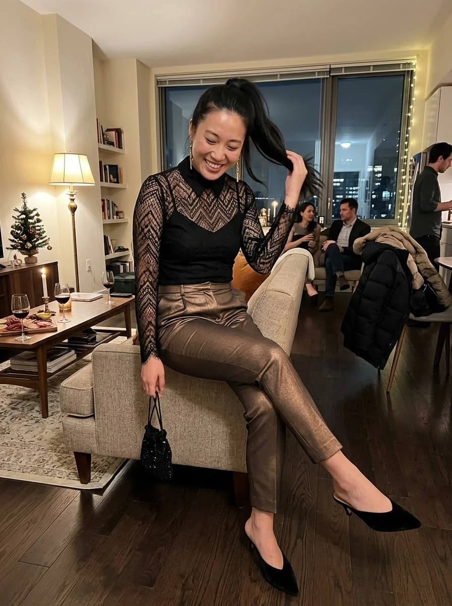 Black lace high-neck top with bronze metallic trousers and black pointed heels