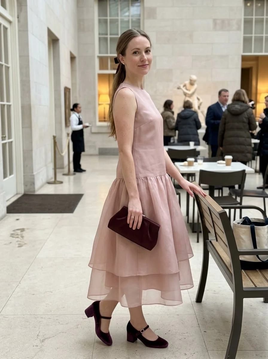 Blush pink tiered organza midi dress with burgundy velvet shoes and clutch