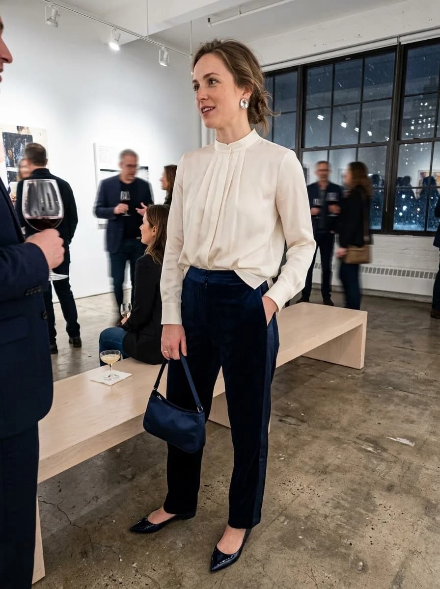 Ivory high-neck blouse with navy velvet trousers and navy pointed heels