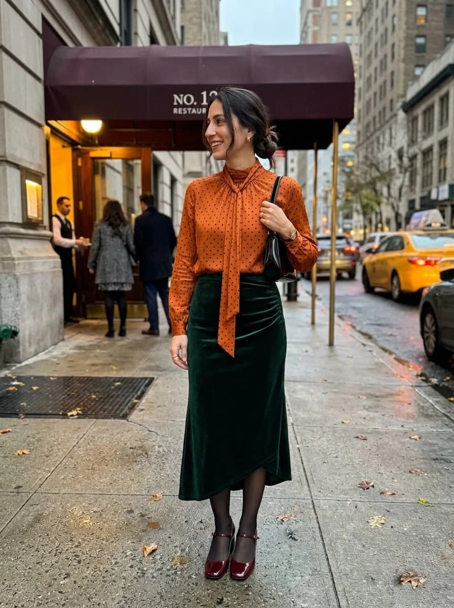 Burnt orange polka dot bow blouse with dark green velvet midi skirt, sheer black tights, and burgundy Mary Janes