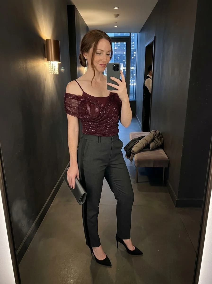 Burgundy off-the-shoulder sparkle top with charcoal tailored trousers and black heels