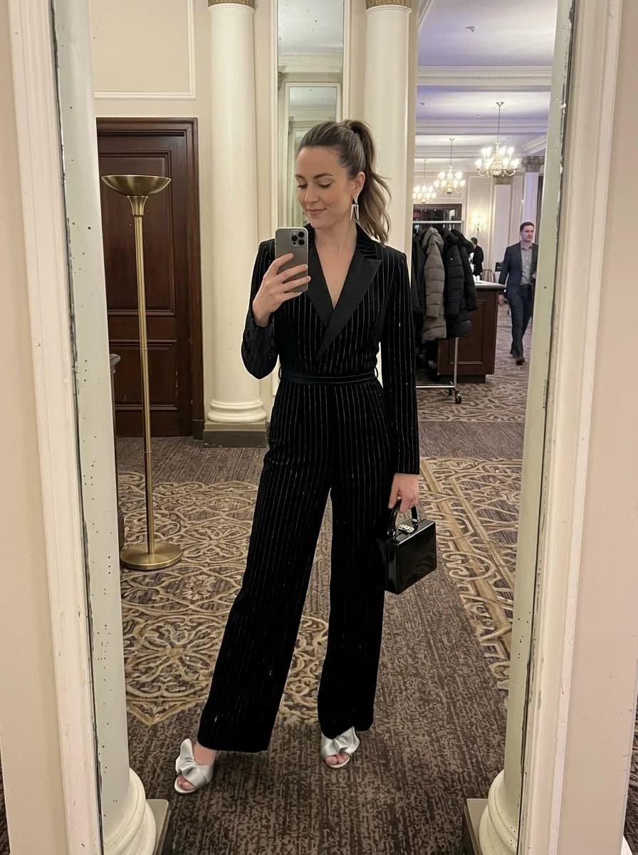 Black pinstripe velvet tuxedo jumpsuit with satin lapels and white bow mules