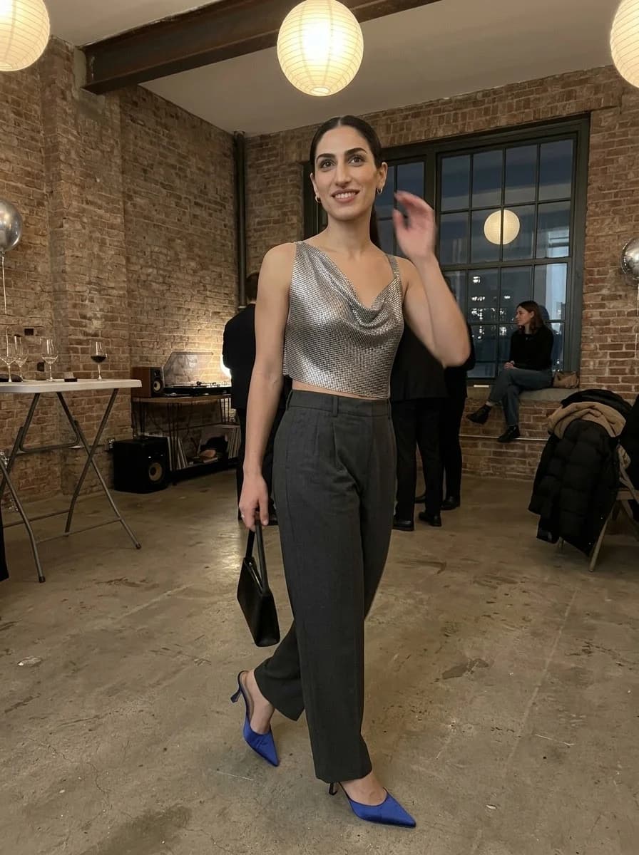Silver chainmail cowl-neck top with charcoal wide-leg trousers and cobalt blue slingbacks