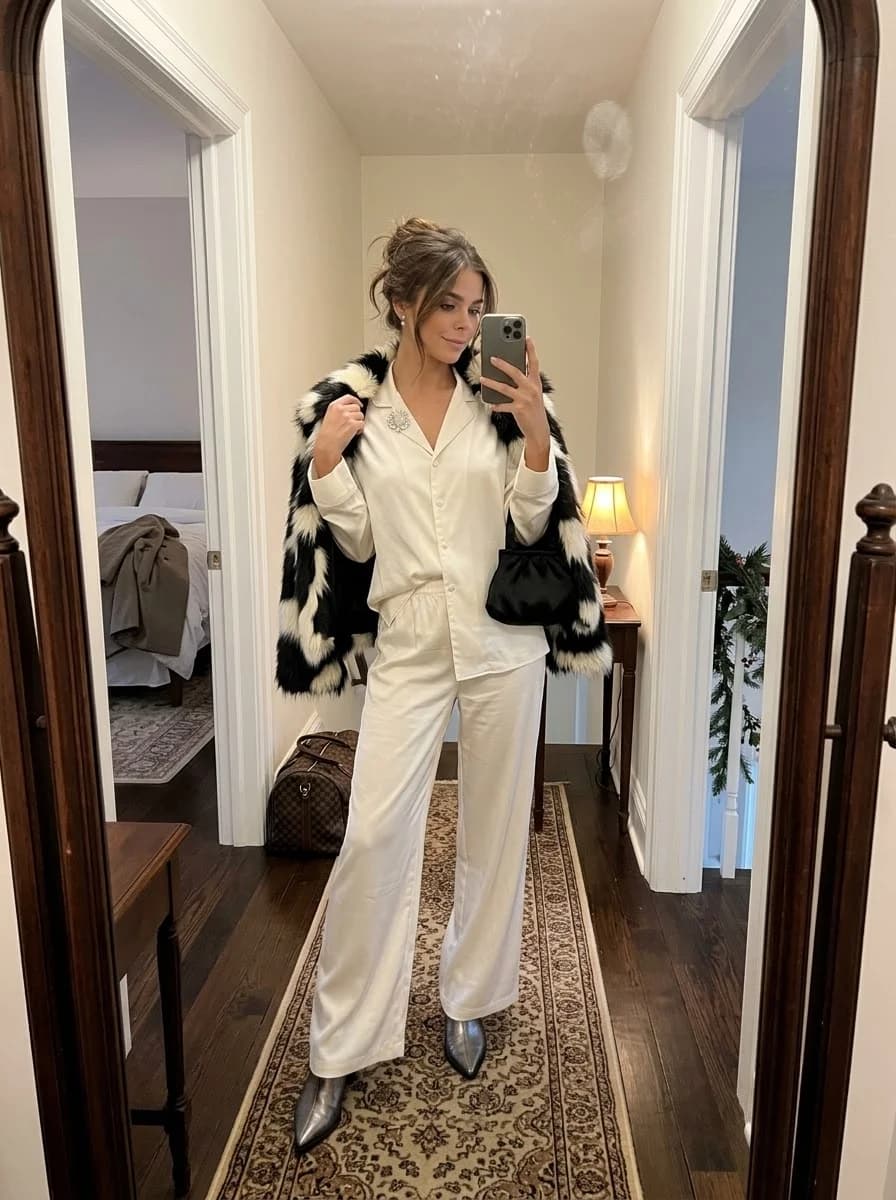 Ivory satin pajama suit with black and white faux-fur coat and metallic pointed boots
