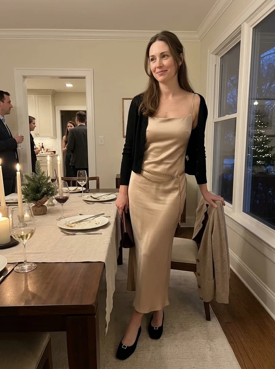 Champagne satin slip dress with cropped black cardigan, chain belt, and black heels
