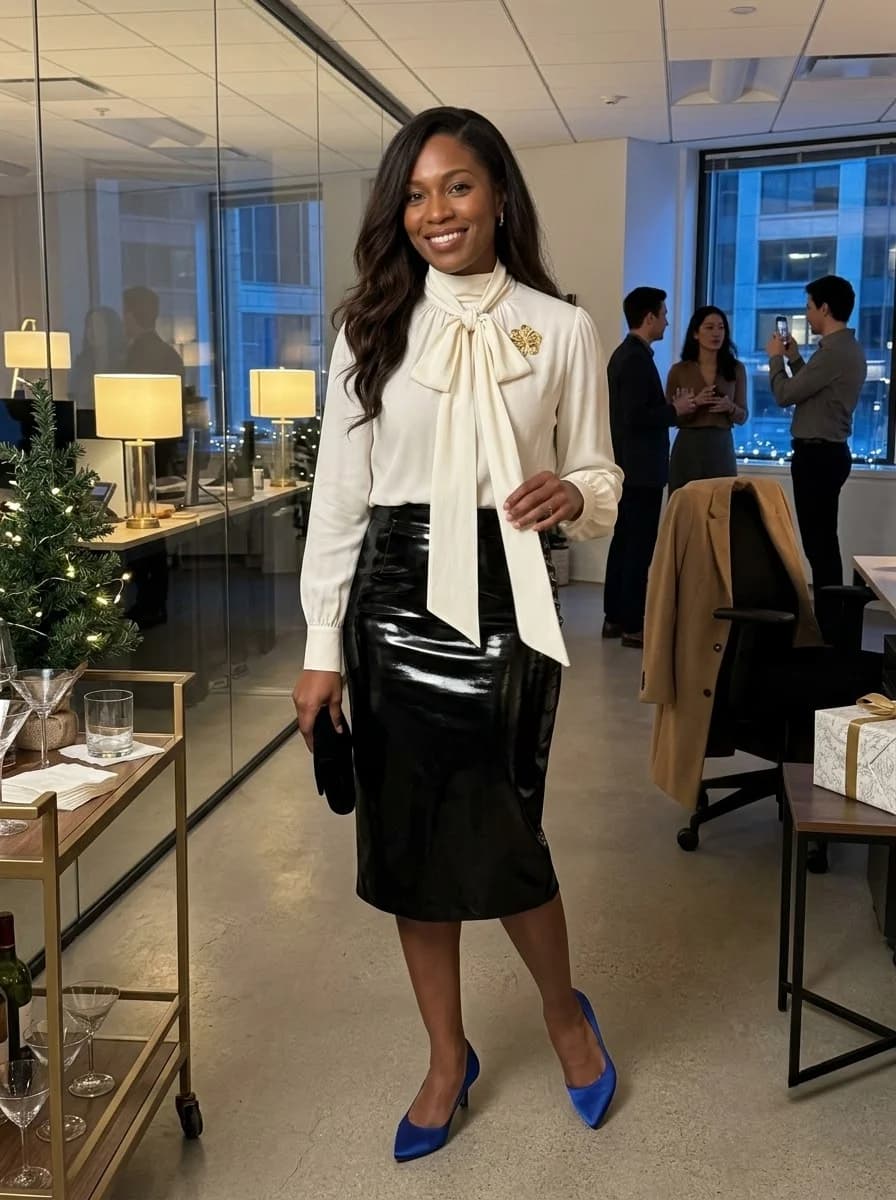 Ivory bow blouse with black patent midi skirt and cobalt blue pumps