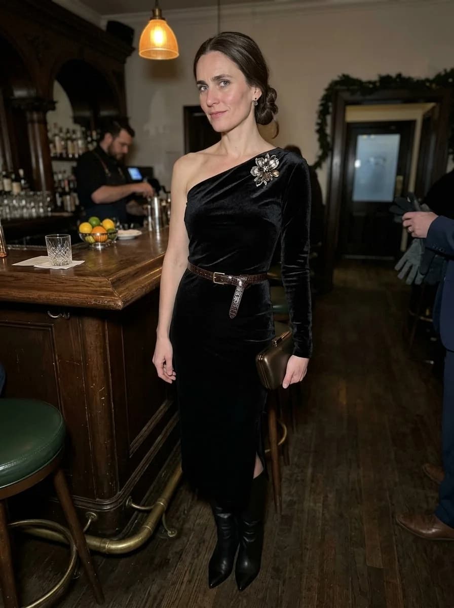 Black one-shoulder velvet midi dress with single long sleeve, brooch detail, and tall boots