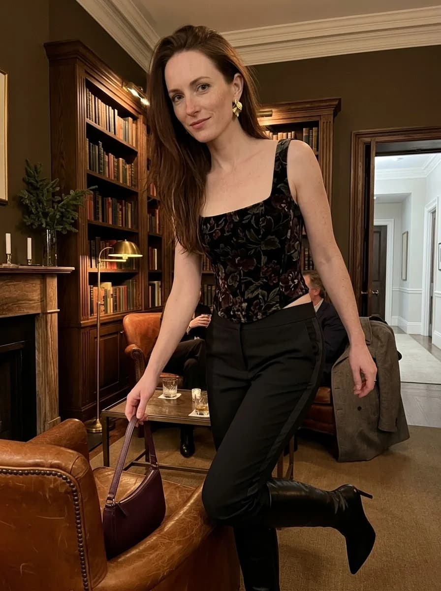 Dark floral velvet corset top with black trousers, black boots, and burgundy bag