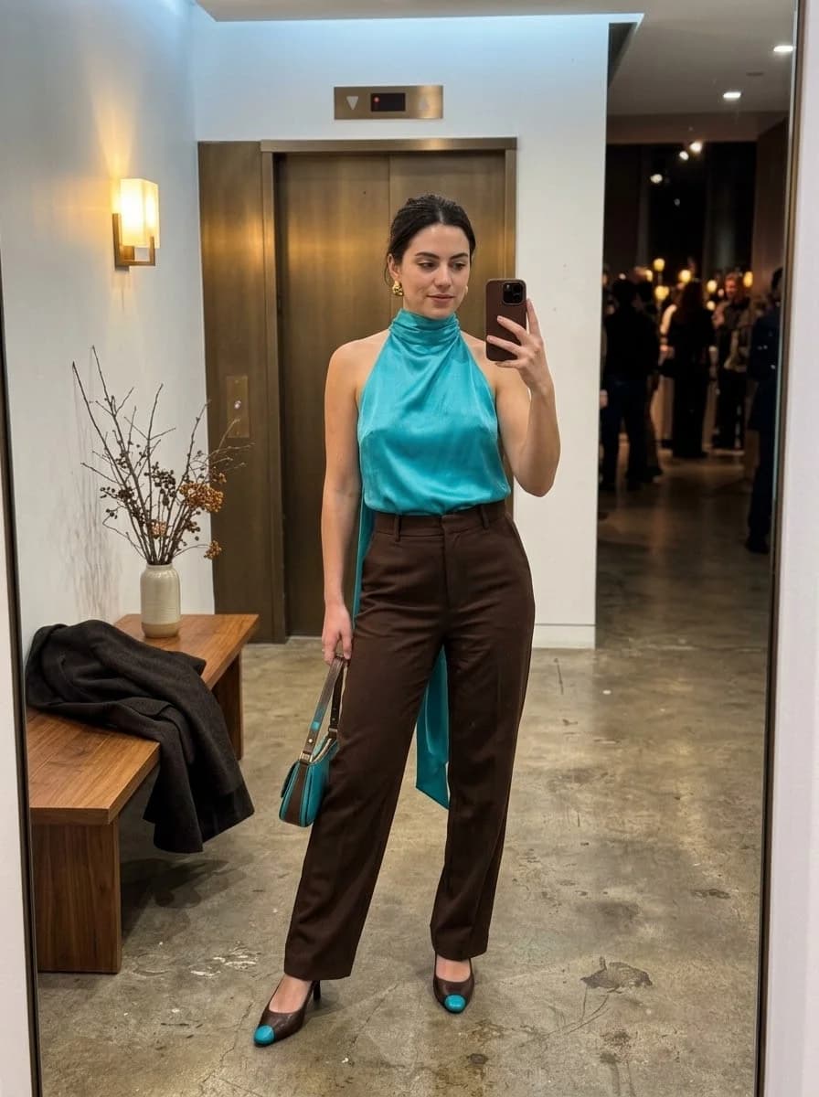 Turquoise satin halter top with chocolate-brown tailored trousers, matching turquoise handbag, and two-tone heels