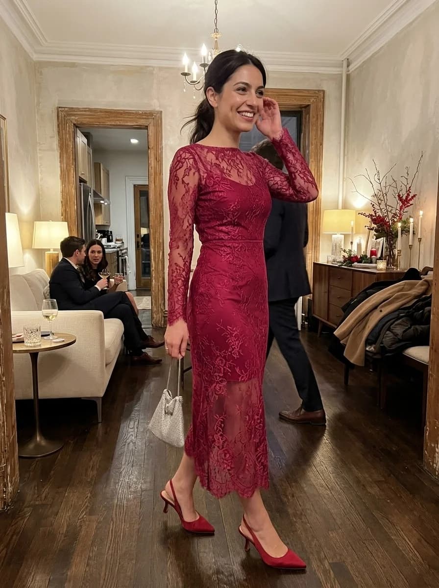 Berry lace long-sleeve midi dress with slingback heels and beaded mini bag