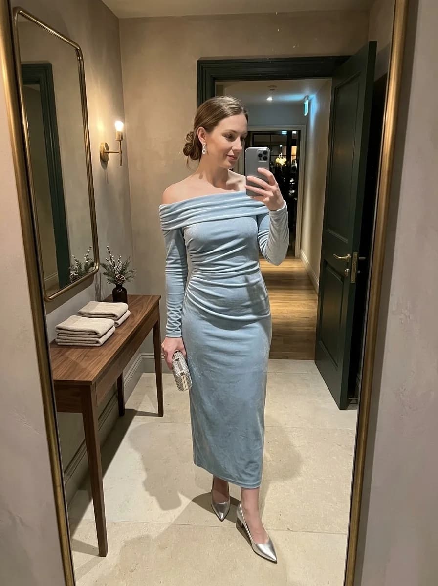 Ice blue off-the-shoulder ruched midi dress with silver heels and crystal clutch