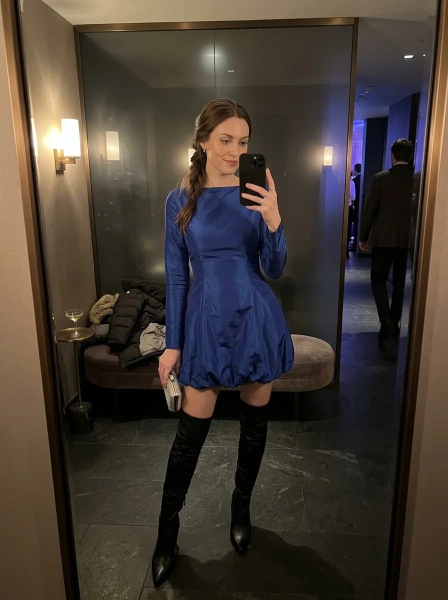 Cobalt blue bubble-hem mini dress with black over-the-knee boots and sparkly clutch