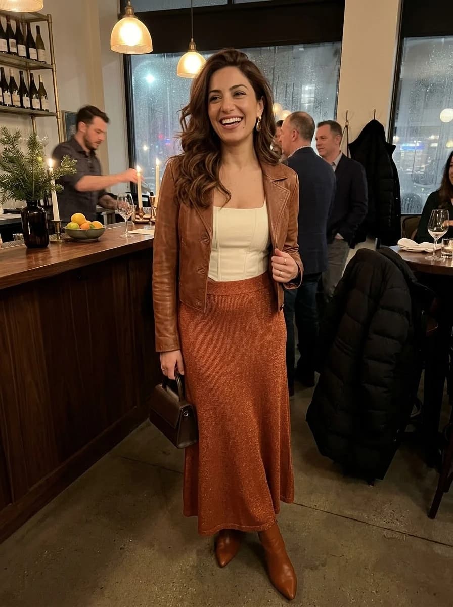 Cream corset top with bronze shimmer midi skirt, brown leather jacket, and brown boots