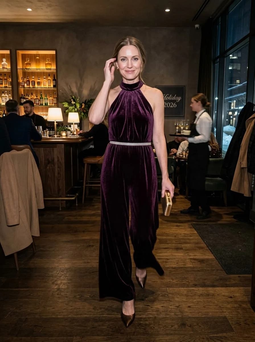 Plum velvet halter jumpsuit with slim crystal belt, metallic pumps, and gold clutch