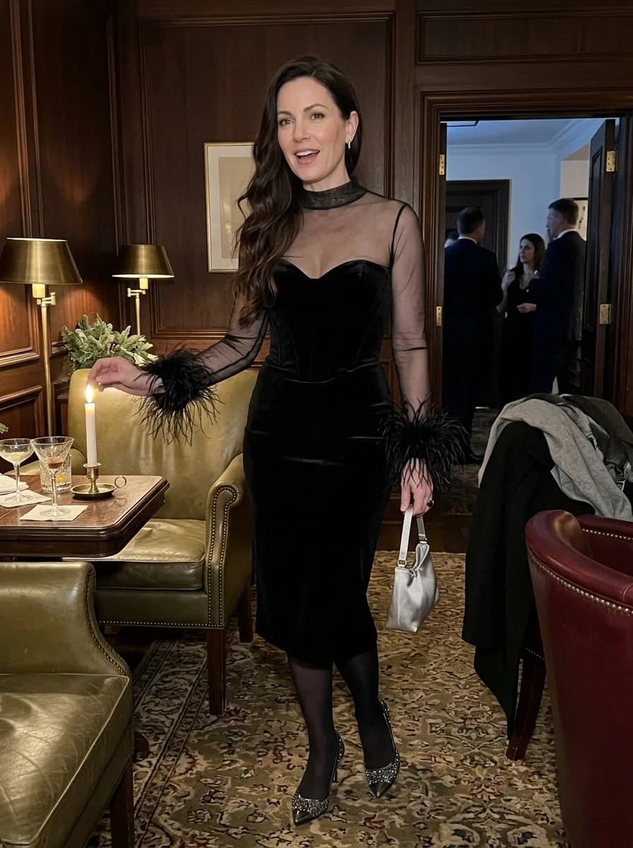 Black velvet dress with sheer high-neck sleeves, feather cuffs, black tights, and crystal pumps
