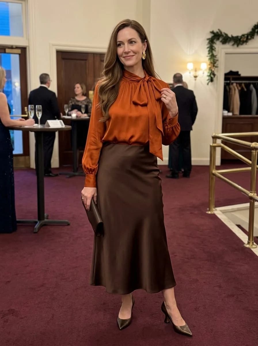 Rust orange satin pussy-bow blouse with chocolate brown satin midi skirt and bronze pumps