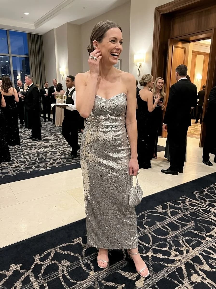 Silver strapless sequin gown with slim silver sandals and metallic evening bag