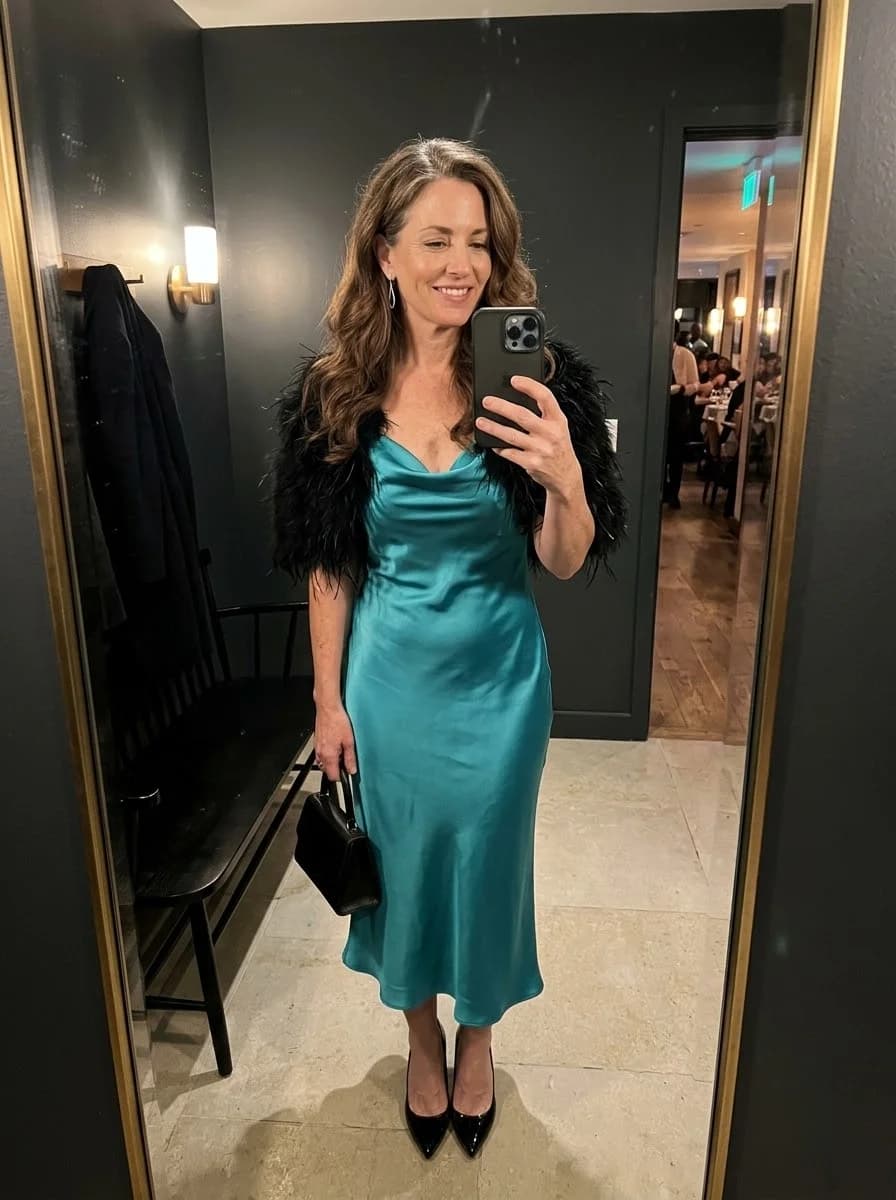 Teal satin slip dress with a feathered wrap